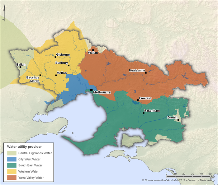 Map showing the urban retail and regional water authority service areas within the Melbourne region. There are three major water utilities and two regional water authorities in the Melbourne region.  


South East Water services the southeastern part of the region, from Melbourne in the centre of the region, extending east and southeast. Yarra Valley Water services the northern, the northeastern and the eastern parts of the region, from Wallan in the north of the region, extending northeast and east. City West Water services the southwestern part of the region, from Melbourne in the centre of the region, extending southwest. Western Water services the western part and the northwestern part excluding area around Ballan of the region, including town centres Bacchus Marsh, Melton, Sunbury and Gisborne. Central Highlands Water services the northwestern part of the region, area around Ballan town centre.


