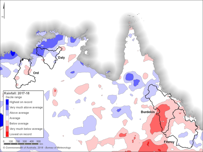 Rainfall across northern Australia during July 2017–June 2018 compared with historical records (1911–2017)