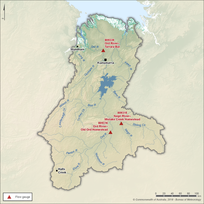 Map showing the locations of key gauging stations along the main rivers within the Ord region. Ord River at Old Ord Homestead, station number 809316, and Negri River at Mistake Creek Homestead, station number 809315, are in the southeastern part of the region upstream of Lake Argyle. Ord River at Tarrara Bar, station number 809339, is in the northern part of the region downstream of Lake Argyle and just upstream of the Ord River's tidal limit.