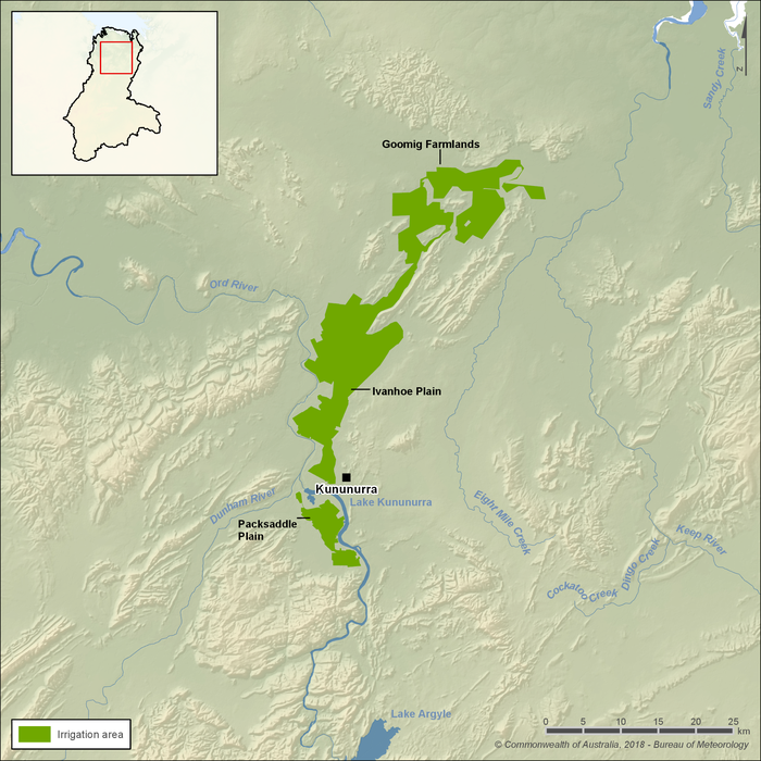 Map showing the irrigation areas within the Ord region. The Ord River Irrigation Area is near the town of Kununurra, about 50 km downstream of Lake Argyle in the central northern part of the region. Irrigation districts include the Ivanhoe Plain and Goomig Farmlands, located north of Kununurra on the eastern side of the Ord River, and the Packsaddle Plain, located just south of Kununurra on the western side of the Ord River.