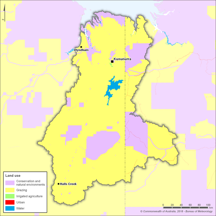 Map showing the distribution and land use types within the Ord region. The major town of Kununurra is about 50 km downstream of Lake Argyle in the central northern part of the region. Other towns in the region include Halls Creek in the southwest and Wyndham in the northwest near the coast. The main land uses are grazing, and conservation and natural environments, which both occur throughout the region. Irrigated agriculture is the region's main water user and primarily occurs around Kununurra.