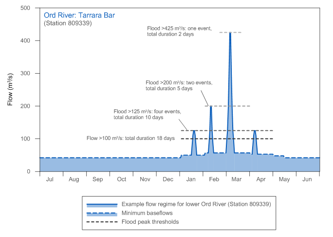 Figure S13 Graph of example water provisions for the lower Ord River; required baseflows and wet season flood events are also shown