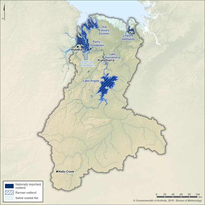 Map showing the locations of significant wetlands within the Ord region. There are two Ramsar-listed wetlands in the region: Lakes Argyle and Kununurra in the central northern part of the region and the Ord River Floodplain in the northwest that encompasses the coastal floodplains around the mouth of the Ord River. Other nationally-important wetlands are the Ord Estuary System and Parry Floodplain, which are largely within the Ord River Floodplain area, and the Legune Wetlands in the region's northeast that encompasses the coastal floodplains around the mouth of the Keep River.