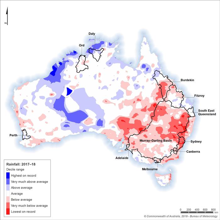 Rainfall across Australia during July 2017–June 2018 compared with historical records (1911–2018)