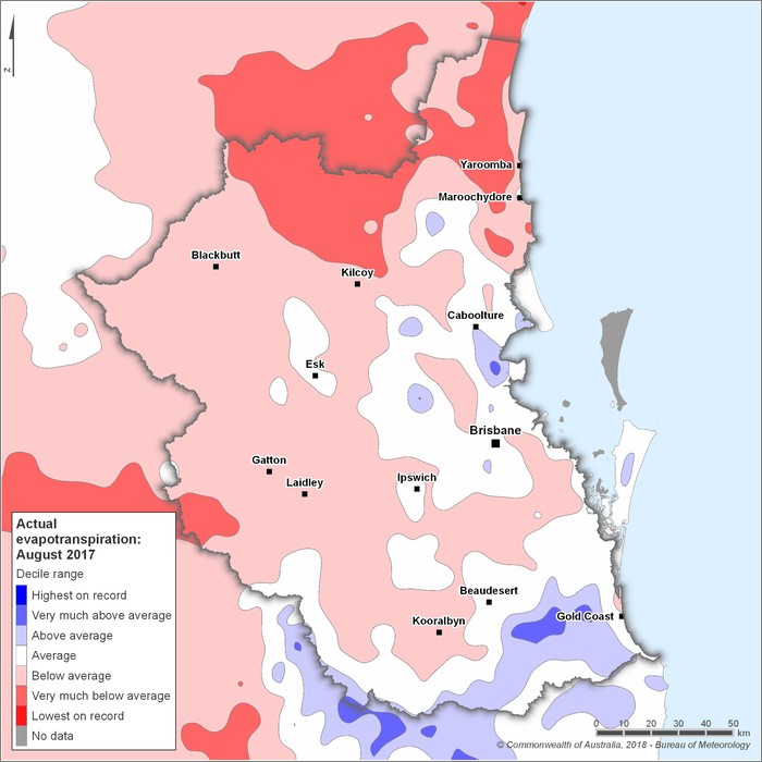 Actual evapotranspiration deciles: August 2017