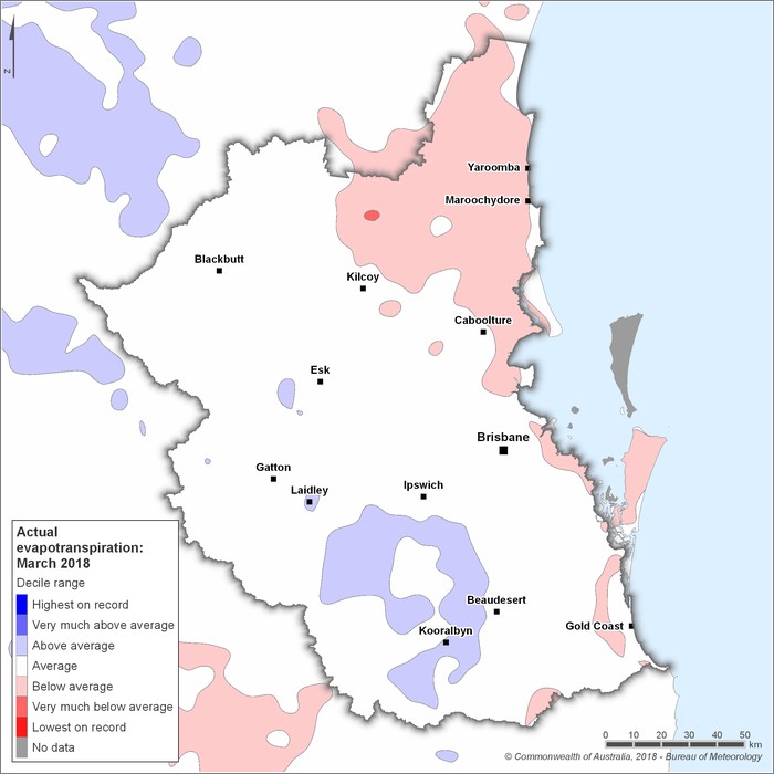 Actual evapotranspiration deciles: March 2018