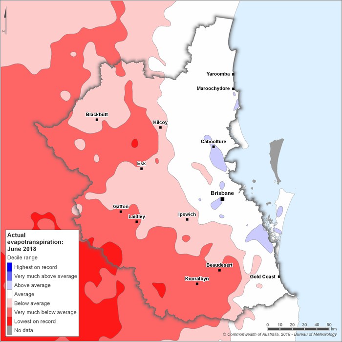 Actual evapotranspiration deciles: June 2018