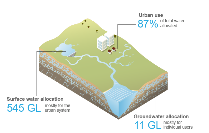 Diagram showing percentages of water allocated for individual user and urban use, total surface water allocations volume and total groundwater allocation volume for the South East Queensland region for the 2017–18 year.