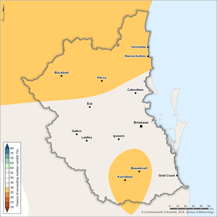 Figure S23 Chance of exceeding median rainfall for the South East Queensland region for March–May 2019