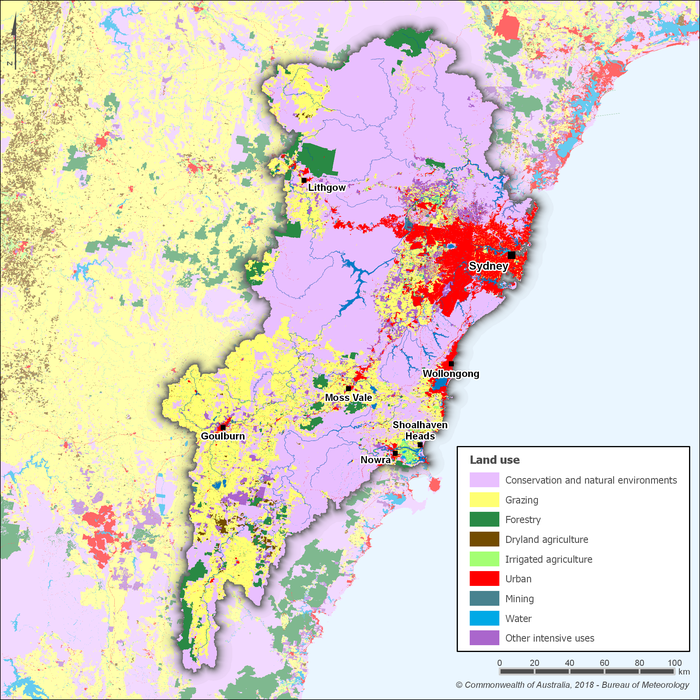 Map showing the distribution and land use types within the Sydney region. Major towns/cities are marked on the map for Lithgow (northwest), Sydney (east), Wollongong (central east, south of Sydney), Shoalhaven Heads and Nowra (southeast, south of Wollongong), Moss vale (central, southwest of Wollongong) and Goulburn (southwest). The main land use in the Sydney region is conservation and natural environments. This occurs in the north, central and southeast of the region. The second largest land use is grazing. This occurs in the southwest. Urban is the other major land use. This occurs in the northeast part of the region, where the city of Sydney is located. Other land use types shown are forestry, dryland agriculture, irrigated agriculture, mining, water, and other intensive uses.