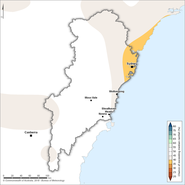 Figure S22 Chance of exceeding median rainfall for the Sydney region for March–Mayl 2019