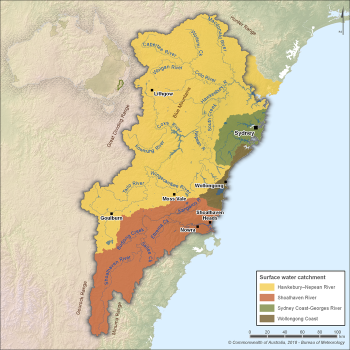 Map showing the key water features of the Sydney region. The Sydney region boundary is defined by three catchments:  Shoalhaven River, located in the south; Wollongong Coast catchments, located in the central east; Sydney Coast–Georges River, located in the northeast; as well as most of the Hawkesbury–Nepean River catchment, located in the north and northwest.