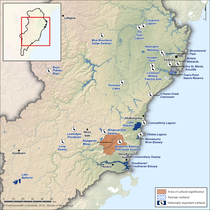 Map showing the locations of Ramsar wetland, cultural places and 23 nationally important wetlands in the Sydney region. Major towns/cities are marked on the map for Lithgow (northwest), Sydney (east), Wollongong (central east, south of Sydney), Shoalhaven Heads and Nowra (southeast, south of Wollongong), Moss vale (central, southwest of Wollongong) and Goulburn (southwest). The Ramsar wetland, Towra Point Nature Reserve, is in the northeast, south of Sydney. The culturally important Kangaroo River is in the southeast.  Northern coastal wetlands include: Newington Wetlands, Bicentennial Park, Botany Wetlands, Eve St. Marsh Armcliffe, Voyager Point and Liverpool Military Training Area. O'Hares Creek Catchment wetland is along the central coast. Southern coastal wetlands include: Coomaditchy Lagoon, Killalea Lagoon, Coomondery Swamp, Shoalhaven/Crookhaven estuary. Southern inland wetlands include: Wingecarribee Swamp, Budderoo National Park Health Swamps, Lowbidgee Floodplain and Long Swamp, Central inland wetlands include: Boyd Plateau Bogs and Thirtmere Lakes, Northern inland wetlands include: Longneck lagoon, Pitt Town Lagoon, Blue Mountains Sedge Swamps.