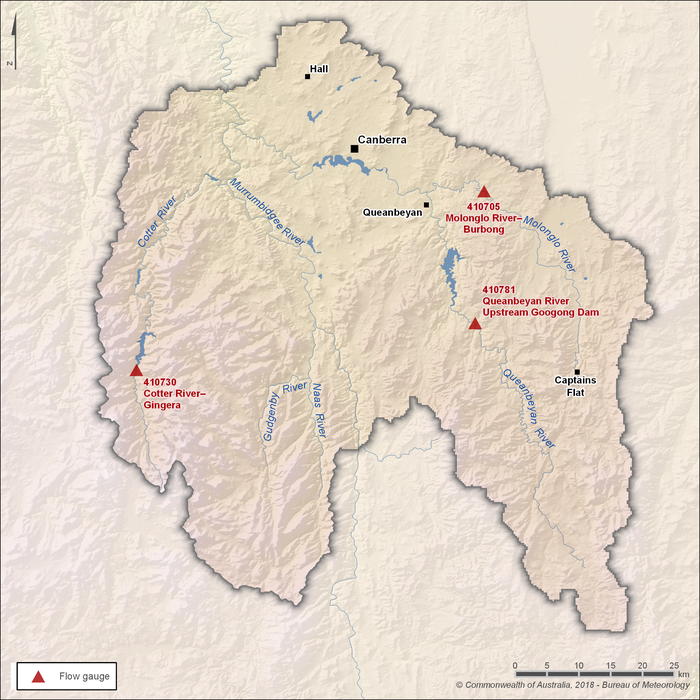  Map showing the locations of key gauging stations along the main rivers in the Canberra region. Major towns are marked on the map for Hall (north), Canberra (central north), Queanbeyan (central, south of Canberra) and Captains Flat (southeast). Molonglo River at Burbong, station ID 410705, is located east of Queanbeyan, upstream of the confluence of the Molonglo and Queanbeyan River. Cotter River at Gingera, station ID 410730, is in the west of the region. Queanbeyan River Upstream Googong Dam, station ID 410781, is in the central east part of the region.
