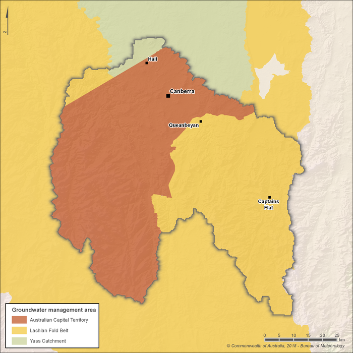 Map showing the three groundwater management areas in the Canberra region. A small part of the Yaas Catchment groundwater management area is located at the northern edge of the Canberra region. Most of this management area extends north beyond the region boundary. The Australian Capital Territory groundwater management areas covers the central, west and southwest of the Canberra region. The Lachlan Fold Belt groundwater management area covers the central east and southeast of the Canberra region. It also includes a small area in the northwest of the region. The Lachlan Fold Belt groundwater management areas extends beyond the Canberra region boundary to the south, west and northeast