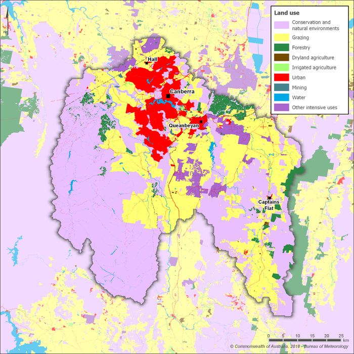 Map showing the distribution and land use types within the Canberra region. Major towns are marked on the map for Hall (north), Canberra (central north), Queanbeyan (central, south of Canberra) and Captains Flat (southeast). The main land use in the Canberra region is conservation and natural environments. This occurs in the west and southeast of the region. The second largest land use is grazing. This occurs in the north, central, east and southeast of the region. Urban is the other major land use. This occurs in the northern part of the region, where the city of Canberra is. Other land use types scattered throughout the region  are forestry, dryland agriculture, irrigated agriculture, mining, water, and other intensive uses.