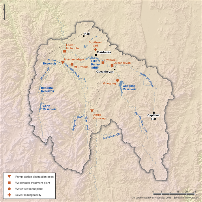 Map showing key urban water system infrastructure in the Canberra region.





Pump station abstraction points include: Angle crossing on the Murrumbidgee River, in the central south of the region; and Murrumbidgee, on the Murrumbidgee River in the north west of the region, near the confluence with Cotter River. 





Wastewater treatment plants include: Lower Molonglo, in the north, upstream of the confluence of the Murrumbidgee and Molonglo rivers; Fyshwick, upstream of Lake Burley Griffin; Queanbeyan, in the north east of the region. 





Water treatment plants include: Mt Stromlo, in the northwest; and Googong, in the central east, close to Googong Reservoir. 





There is one sewer mining facility, Southwell Park in the north of the region, north of Canberra.





 