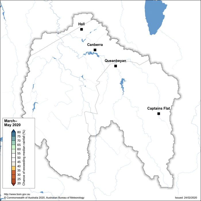 Map showing the chance of exceeding median rainfall for the Canberra region for March–May 2020
