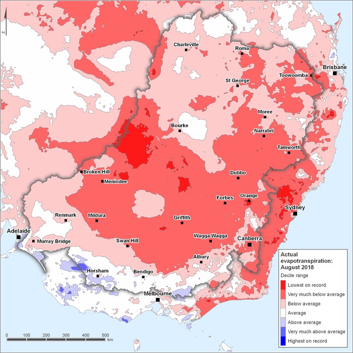 Actual evapotranspiration deciles: August 2018