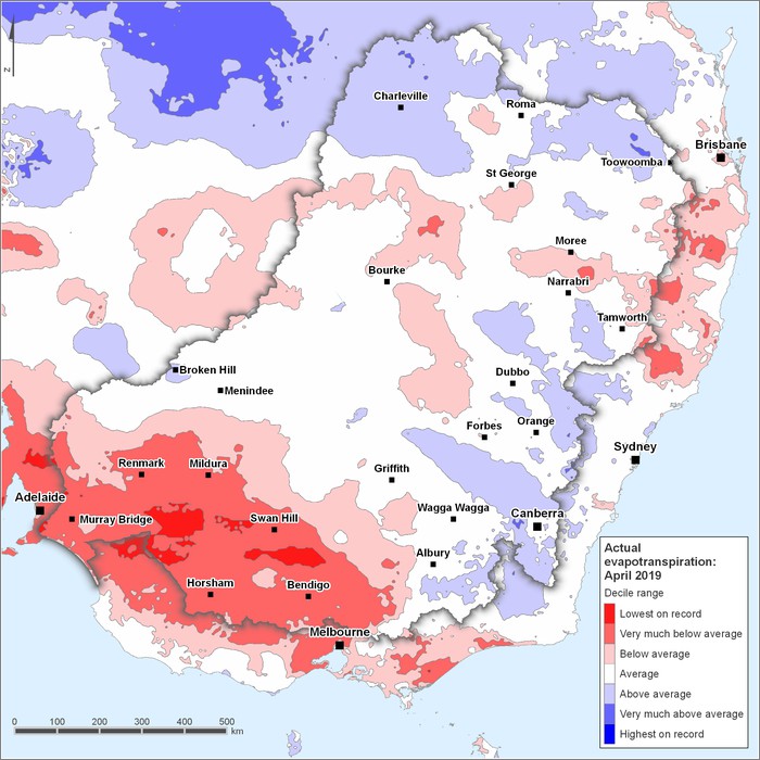 Actual evapotranspiration deciles: April 2019