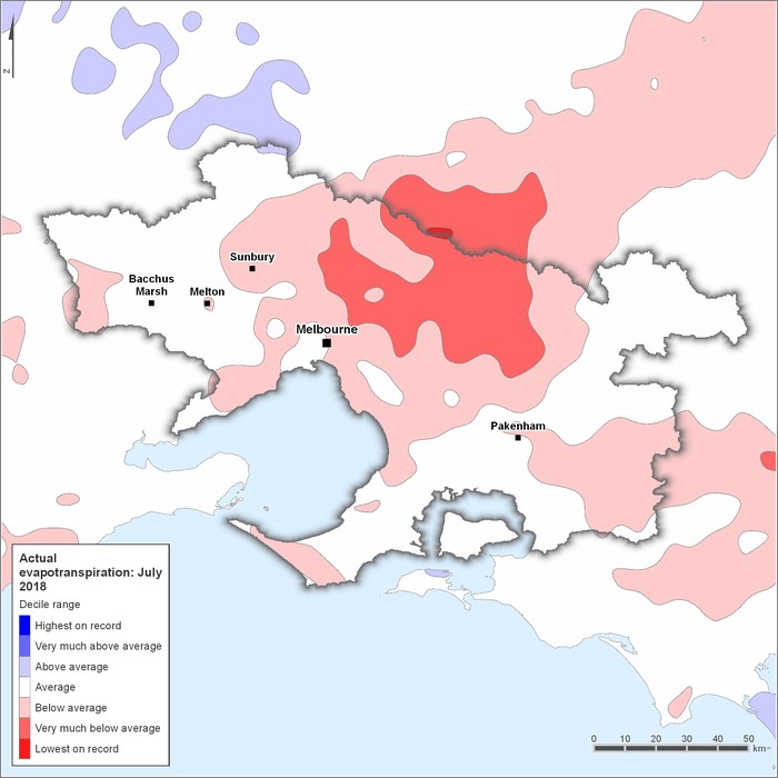 Actual evapotranspiration deciles: July 2018