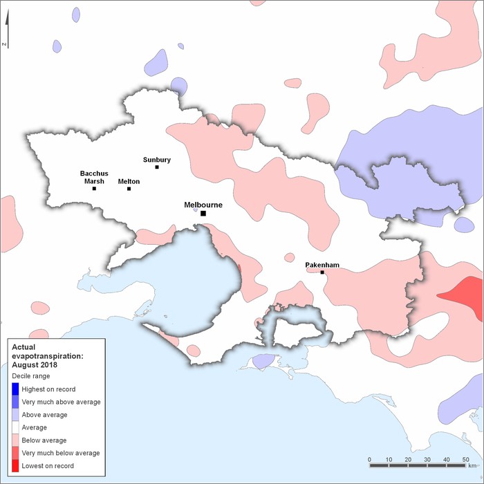 Actual evapotranspiration deciles: August 2018