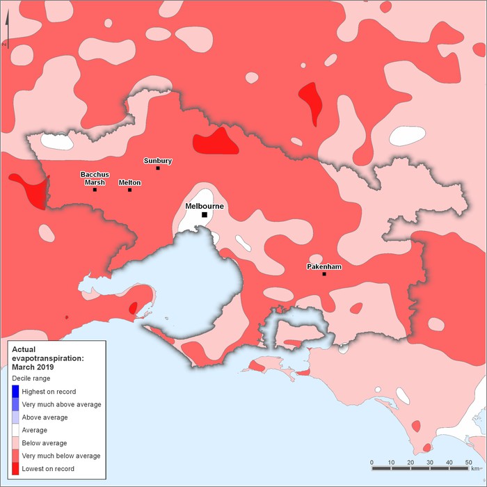Actual evapotranspiration deciles: March 2019