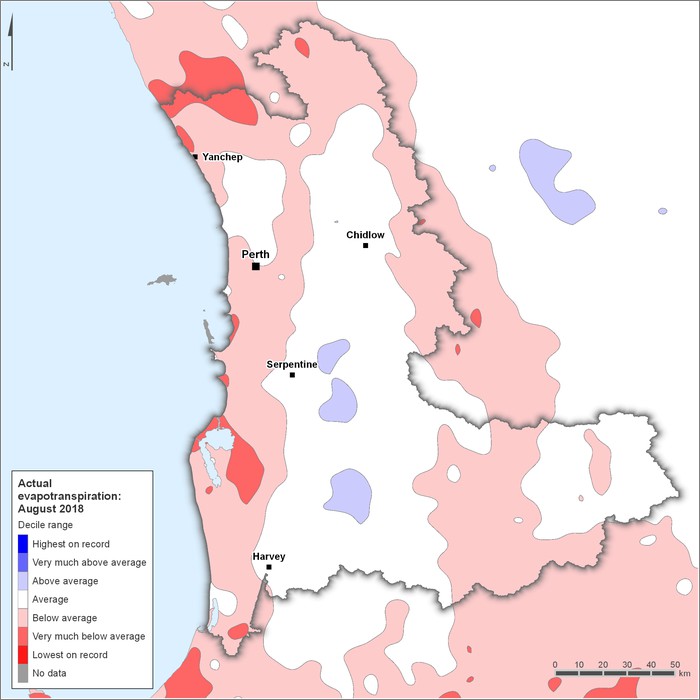 Actual evapotranspiration deciles: August 2018