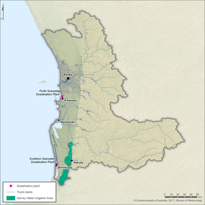 Map showing the location of the Integrated Water Supply Scheme network and the Harvey Water Irrigation Area within the Perth region. Most of the trunk mains of the Integrated Water Supply Scheme are in the Perth metropolitan area in the northern part of the region near the coast. There are two desalination plants: Perth Seawater Desalination Plant near Kwinana about 30 km south of Perth and Southern Seawater Desalination Plant near Binningup in the southern part of the region. The Harvey Water Irrigation Area is also located in the southern part of the region near the town of Harvey.