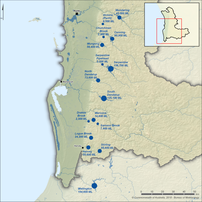 Map showing the locations of major storages within the Perth region. The Serpentine and South Dandalup reservoirs in the central part of the region, and the Wellington Reservoir in the south, are the region's larger storages with more than 50% of the region's total storage capacity. The remaining 12 storages, located across most of the region, are less than 100,000 ML in capacity.
