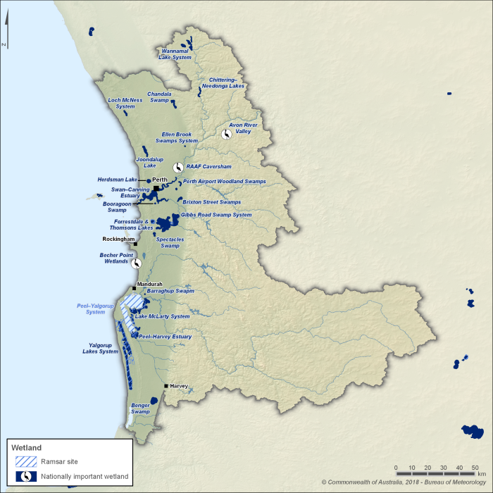 Map showing the locations of significant wetlands within the Perth region. There are three Ramsar-listed wetlands in the region: Forrestdale and Thomsons Lakes about 20 km south of Perth in the central part of the region near the coast; Peel–Yalgorup wetland system located on the coast near Mandurah about 50 km south of Perth; and Becher Point wetlands about 10 km south of Rockingham located halfway between Perth and Mandurah. There are also more than 20 nationally-important wetlands along the region's coastal plain.