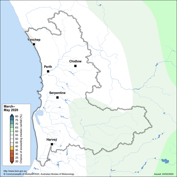 Map showing the chance of exceeding median rainfall for the Perth region for March–May 2020