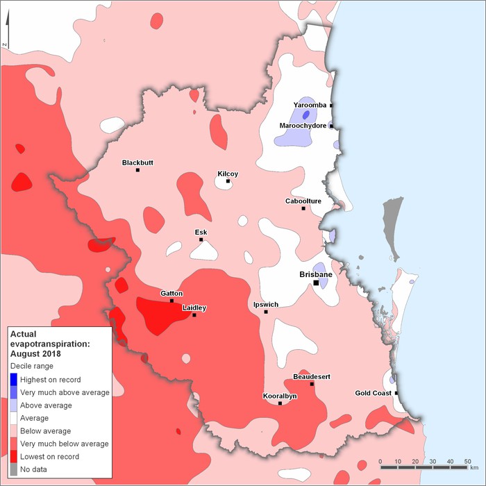 Actual evapotranspiration deciles: August 2018