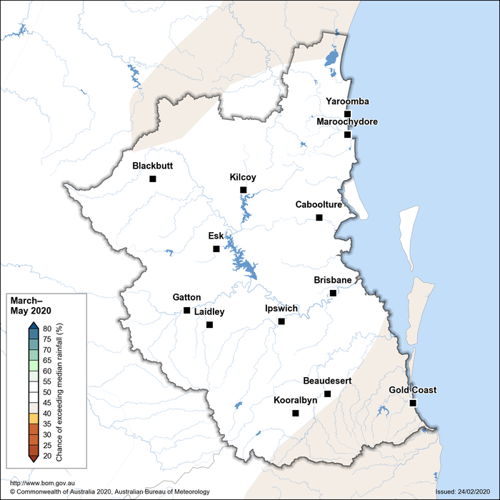 Map showing the chance of exceeding median rainfall for the South East Queensland region for March–May 2020