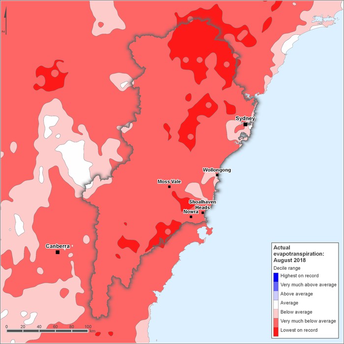 Actual evapotranspiration deciles: August 2018