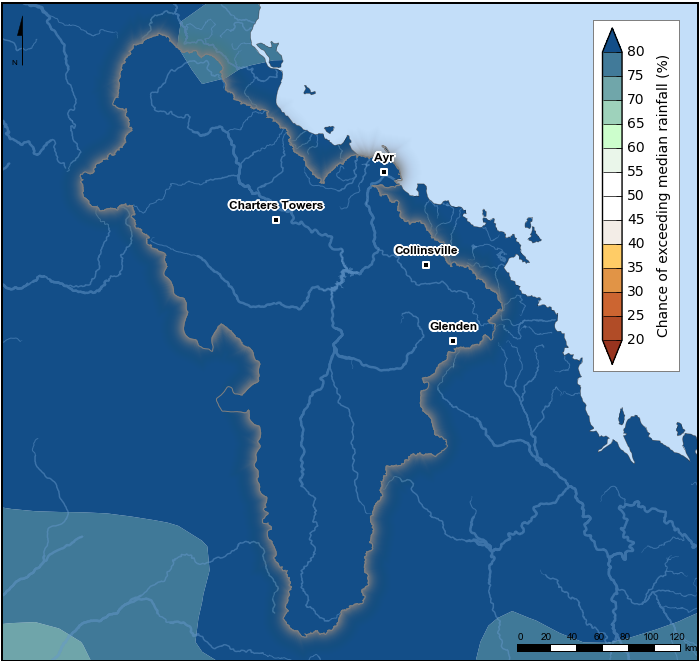 Map showing the chance of exceeding median rainfall for the Burdekin region for December 2020–February 2021