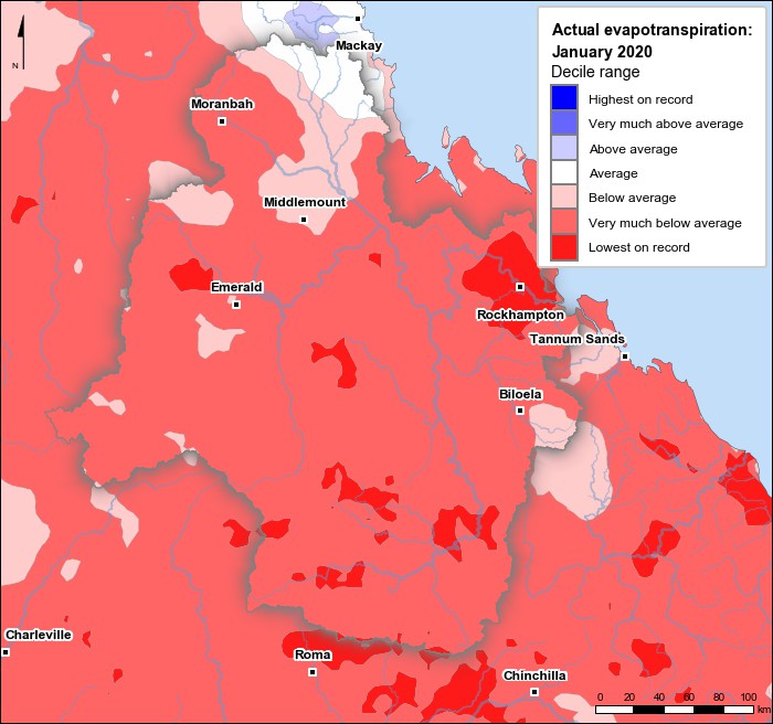 Actual evapotranspiration deciles: January 2020