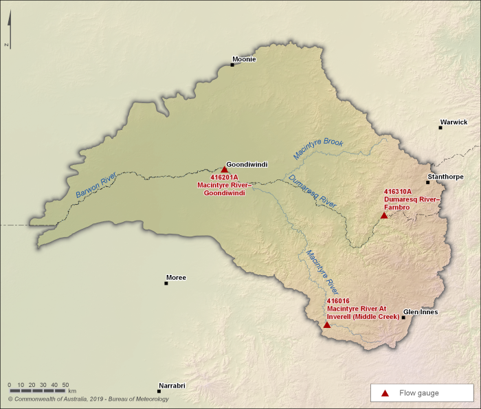 Map of key gauging stations. Macintyre River at Goondiwindi, station number 416201A, is in the central part of the region. Dumaresq River at Farnbro, station number 416310A, is in the eastern part of the catchment. Macintyre River at Inverell (Middle Creek), station number 416016, is in the region's southeast.