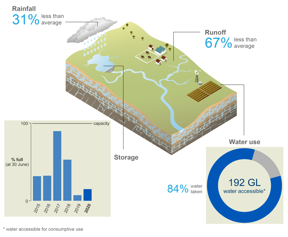 Schematic representation of the Border Rivers catchment. In 2019–20, rainfall was 31% less than average and runoff was 67% less than average. Storage volumes at 30 June 2020 were 15% full, higher than the previous year. 84% of the total water accessible for consumptive use (192 GL) was taken.