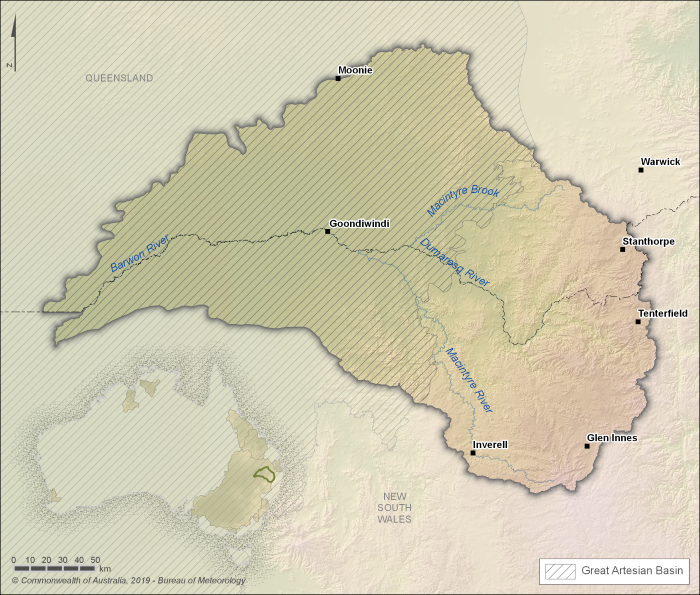 Map of key rivers and towns. The Border Rivers area is physically defined by the Barwon, Macintyre, and Dumaresq river catchments. Major towns include Goondiwindi in the centre of the region, and Stanthorpe in the east. The Great Artesian Basin underlies the western half of the Border Rivers catchment.