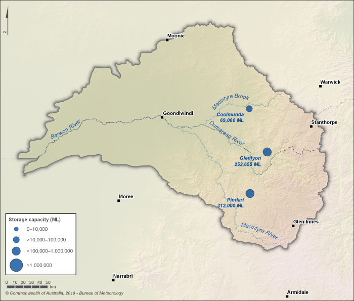 Map of 3 major storages. Pindari is in the southeast of the catchment, capacity 312,000 ML. Glenlyon is in the central east, capacity 252,655 ML. Coolmunda is in the northeast, capacity 69,060 ML.