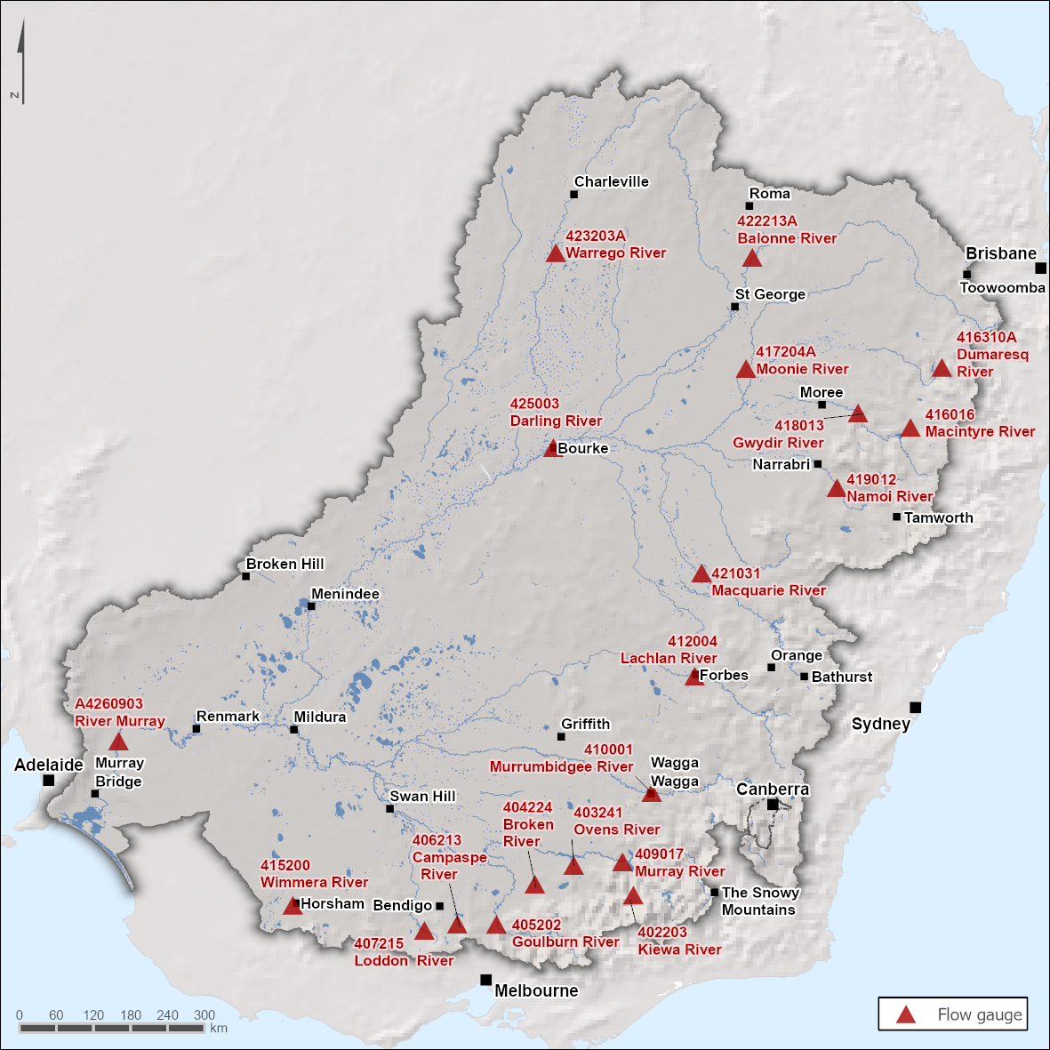Map of 20 key gauging stations. Darling River at Bourke Town, station number 425003, is in the central northern part of the region. Murray River at Lock 1 Downstream, station number A4260903, is in the southwestern part of the region. Most of the remaining stations are located along the east and southeast parts of the region.