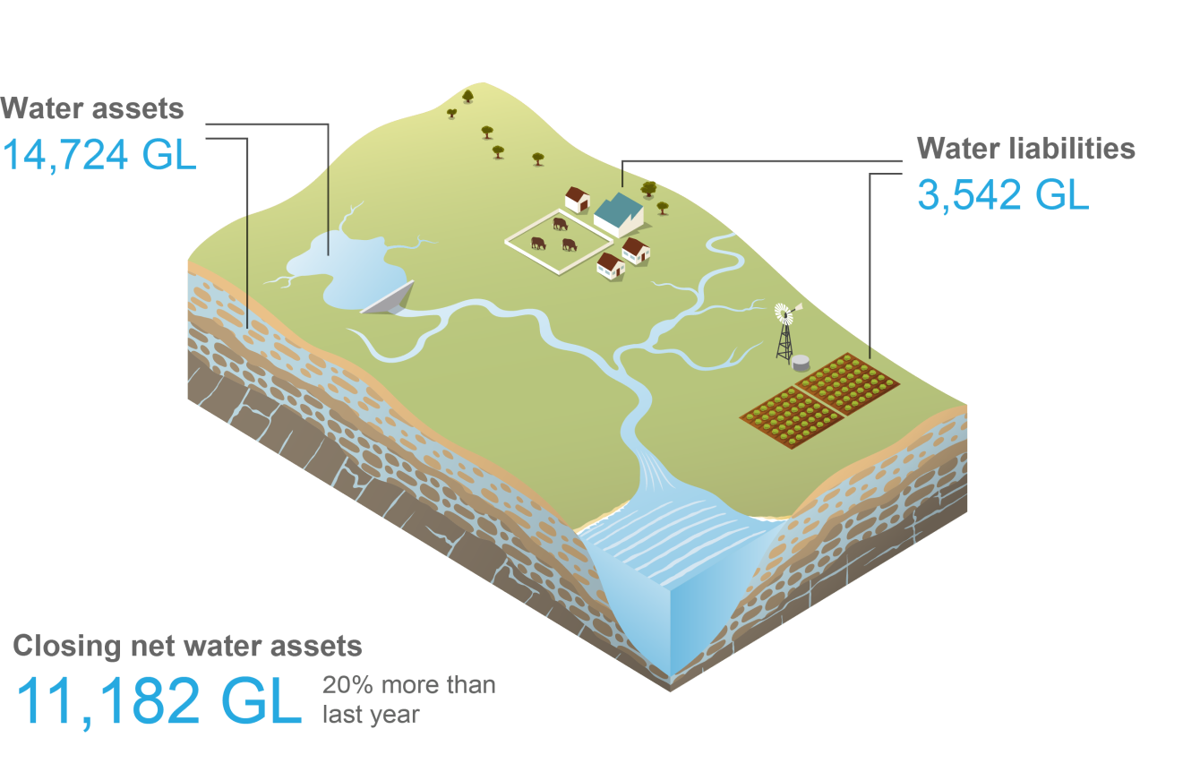 Schematic representation of the Murray–Darling Basin region. Total surface water and groundwater assets at 30 June 2020 was 14,724 GL. Total water liabilities was 3,542 GL. Closing net water assets at 30 June 2020 was 11,182 GL, 20% more than last year.