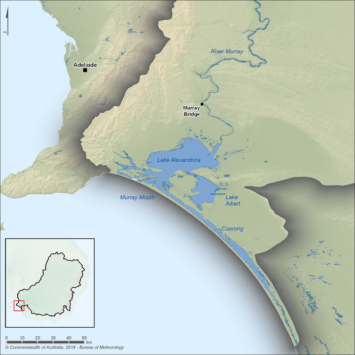 Map of the lower lakes near the mouth of the River Murray. The Murray Mouth is in the southwest of the Murray–Darling Basin region within 100 km of Adelaide. Lake Alexandrina and Lake Albert, located south of the town of Murray Bridge along the River Murray, discharge to the Coorong and Murray Mouth.