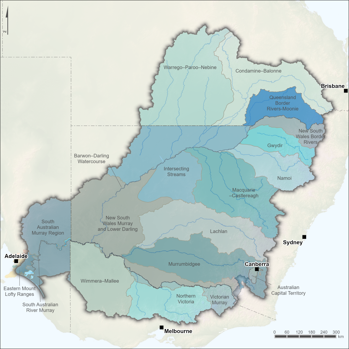 Map of 19 surface water resource plan areas. South Australian Murray Region, South Australian River, and Eastern Mount Lofty Ranges are in South Australia. Wimmera–Mallee, Northern Victoria, and Victorian Murray are in Victoria. NSW Murray and Lower Darling, Barwon–Darling Watercourse, Murrumbidgee, Lachlan, Intersecting Streams, Macquarie–Castlereagh, Namoi, Gwydir, and NSW Border Rivers are in New South Wales. Warrego–Paroo–Nebine, Condamine–Balonne, and Queensland Border Rivers–Moonie are in Queensland. There is also the Australian Capital Territory plan area in the southeast of the region.