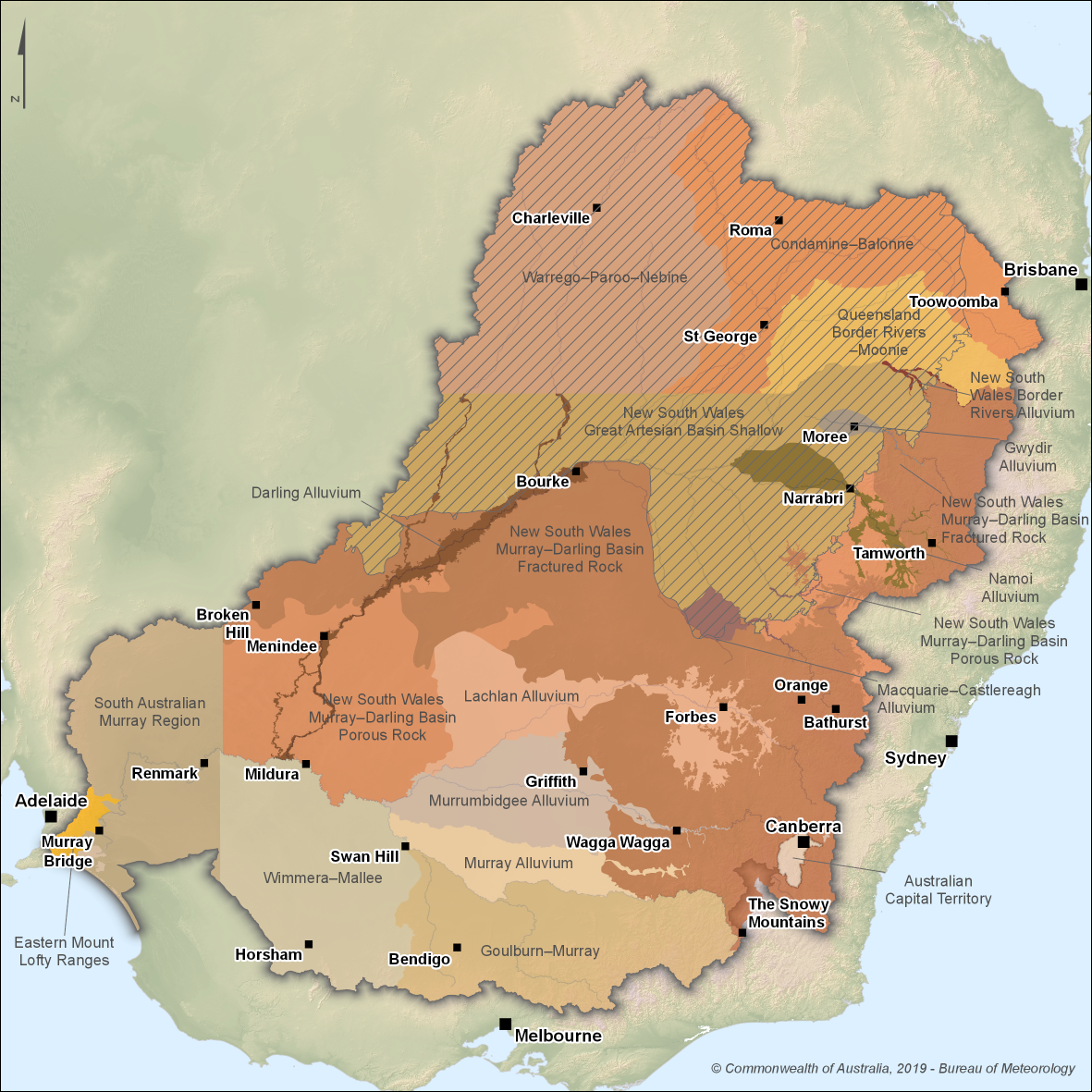 Map of 19 groundwater resource plan areas. South Australian Murray Region and Eastern Mount Lofty Ranges are in South Australia. Wimmera–Mallee and Goulburn–Murray are in Victoria. Darling, Murray, Murrumbidgee, Lachlan, Macquarie–Castlereagh, Namoi, Gwydir, and NSW Border Rivers alluviums, and NSW Murray–Darling Basin Porous Rock, NSW Murray–Darling Basin Fractured Rock, NSW Great Artesian Basin Shallow are in New South Wales. Warrego–Paroo–Nebine, Condamine–Balonne, Queensland Border Rivers–Moonie are in Queensland. There is also the Australian Capital Territory plan area in the southeast of the region.