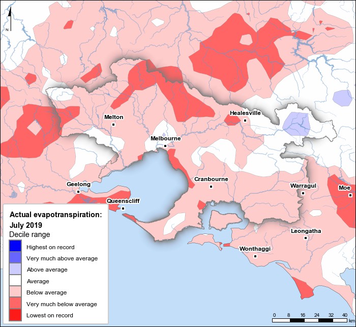 Actual evapotranspiration deciles: July 2019