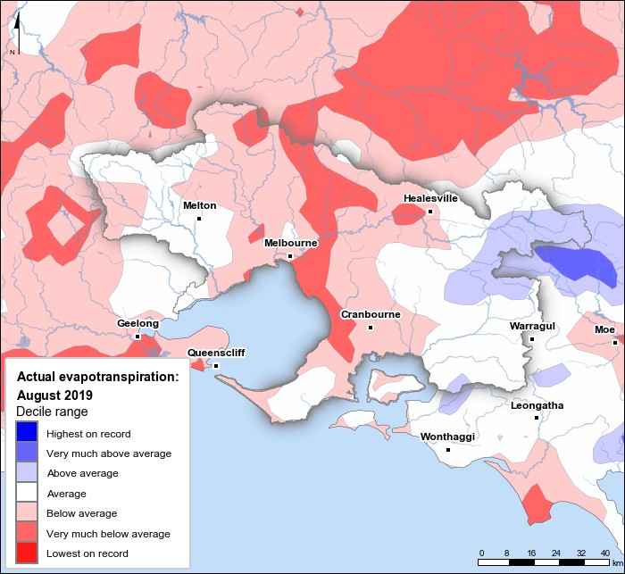 Actual evapotranspiration deciles: August 2019