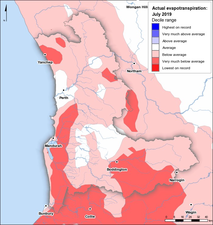 Actual evapotranspiration deciles: July 2019