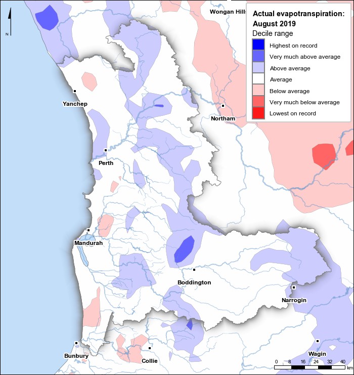 Actual evapotranspiration deciles: August 2019